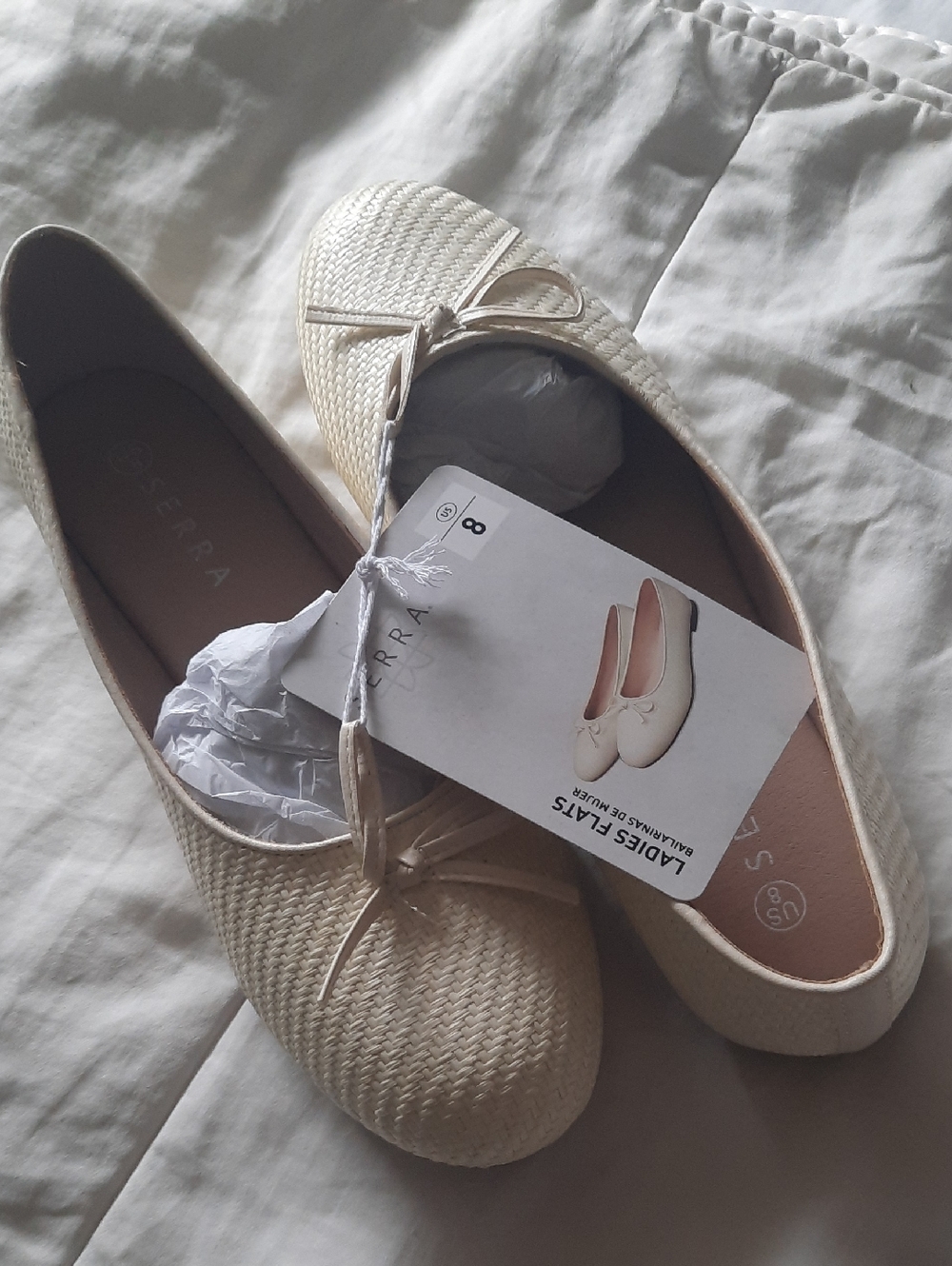 New In Box Serra Cream Woven Ballet Flats with Bow Detail